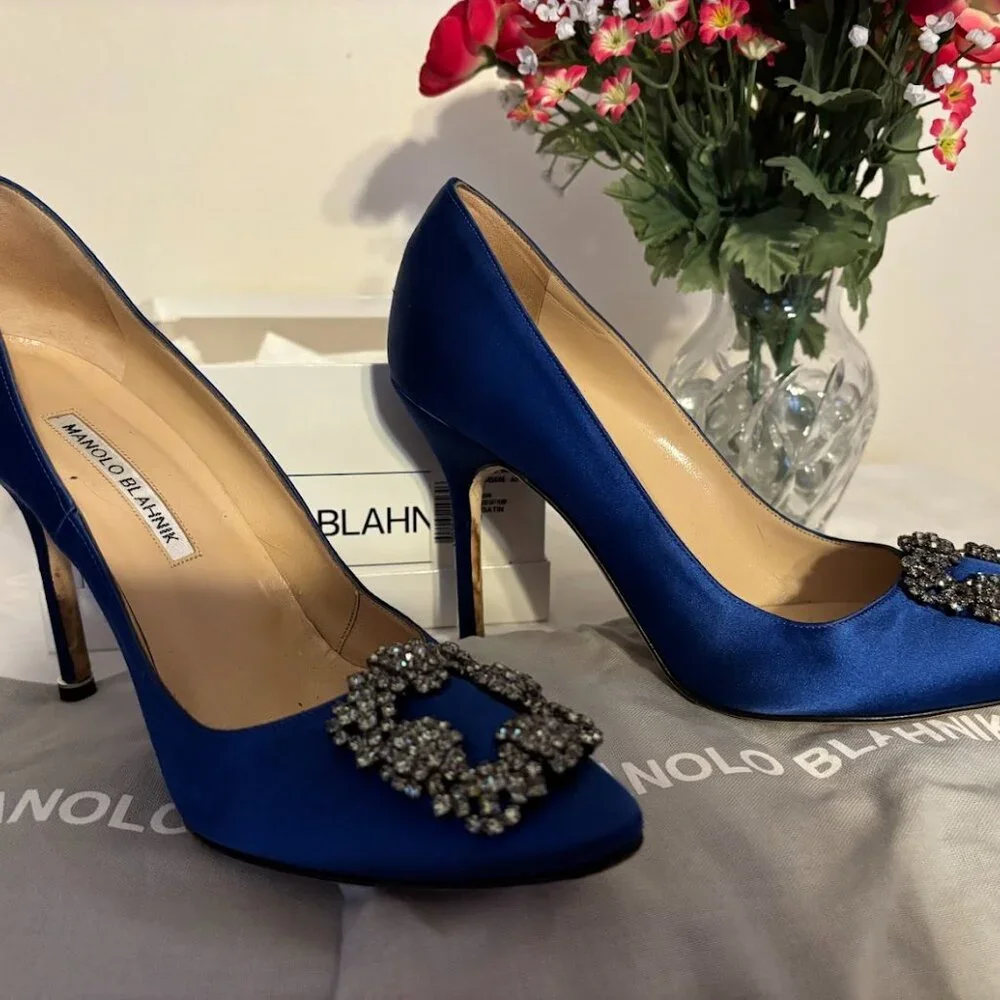Manolo Blahnik Hangisi Jeweled Heel Blue Satin Pump Shoes - size 8.5 - Picture 7 of 16